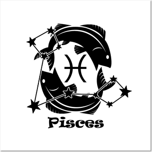 Pisces - Zodiac Astrology Symbol with Constellation and Fish Design (Black on White Variant) Posters and Art